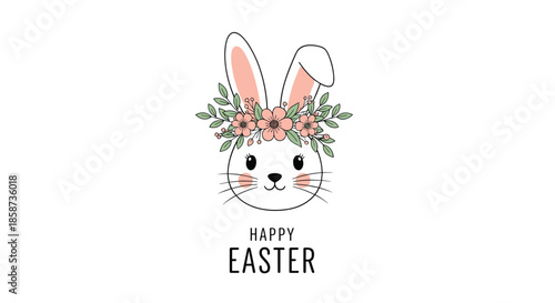 Happy easter greeting card featuring a cute white rabbit head wearing a beautiful crown of pink flowers and green leaves.