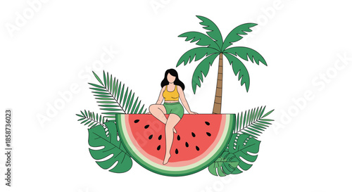 Beautiful woman sitting on a giant watermelon slice surrounded by tropical green leaves and palm tree for summer theme.