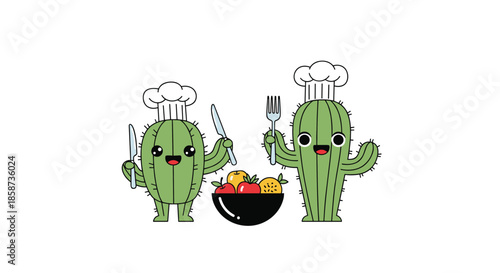 Two cute cactus chef characters wearing hats and holding cutlery standing next to a bowl of fresh fruits in flat style.
