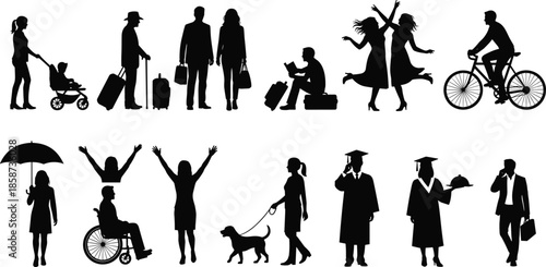 Diverse collection of black silhouettes representing daily life activities including travel graduation parenting disability pet care cycling and professional work life