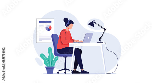 Woman working at home office desk with laptop and lamp while wearing headphones for productive remote work concept.