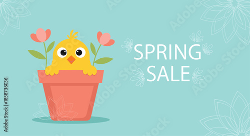 Cute yellow chick in a terracotta flower pot with flowers and spring sale text for seasonal marketing promotions.