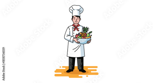 Professional male chef in white uniform holding a large bowl filled with diverse fresh fruits on orange background.