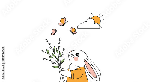 Cute white bunny holding a bouquet of pussy willow branches with butterflies and sun for spring season celebration.