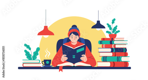 Man reading a book at desk with stacks of books and coffee under hanging lamps for deep study and learning concept.