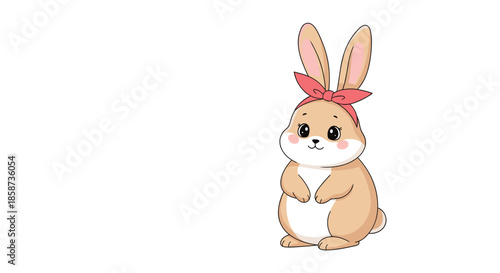 Adorable brown bunny with long ears and a red bow standing on white background for cute animal and pet concepts.