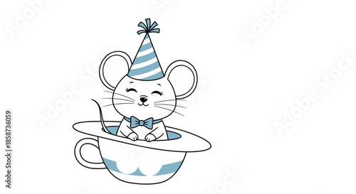 Cute little mouse wearing a blue striped party hat and bowtie sitting in a large coffee cup for celebration theme.
