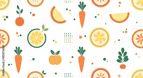 Seamless pattern with orange slices carrots and apples in a flat graphic style perfect for health food branding.