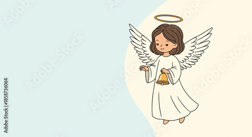 Sweet little angel girl with wings and halo ringing a golden bell for christmas and heavenly themes on blue background.