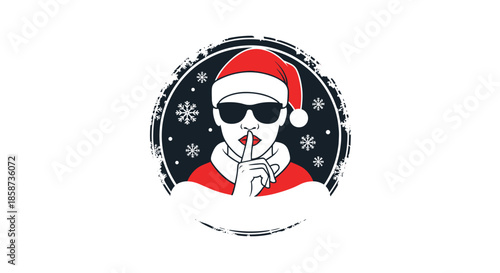 Stylized logo with a woman in a Santa hat and sunglasses making a shushing gesture against a snowy night background.
