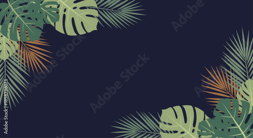 Dark tropical background with lush green and brown monstera and palm leaves framing the edges for exotic designs.