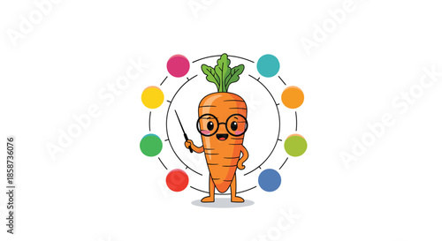 Cute carrot character wearing glasses holding a pointer stick for education and healthy eating learning concepts.