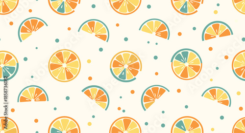 Vibrant seamless pattern with sliced citrus fruits like oranges and lemons in various bright colors for summer designs.
