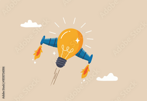 Boost creative idea, imagination, innovation or technology to help success, invent new solution to win business competition concept, bright lightbulb idea with rocket booster flying fast into the sky
