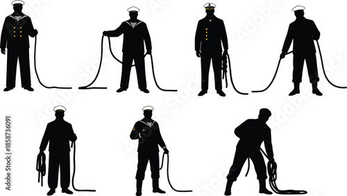 Sailor silhouette illustration, rope handling gesture, naval uniform, maritime role, black icon, vector art, crew activity, ship task, cartoon style