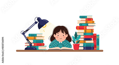 Young girl reading a book at her desk with lamp and tall stacks of books for education and literature study concept.