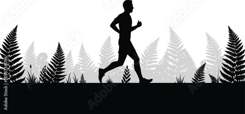 Running silhouette, outdoor fitness, fern background, nature exercise, grassy terrain, mid-stride motion, grayscale layers, active lifestyle, forest jog, health concept