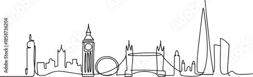 One continuous line drawing of London city skyline. Beautiful city skyscraper. World landscape tourism travel vacation home wall decor poster print concept. one line Icon drawing