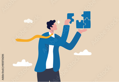 Solve problem or solution to achieve business success, decision, creativity or skill to overcome difficulty and finish work concept, smart businessman solving jigsaw puzzle problem