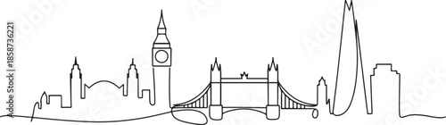 One continuous line drawing of London city skyline. Beautiful city skyscraper. World landscape tourism travel vacation home wall decor poster print concept. one line Icon drawing