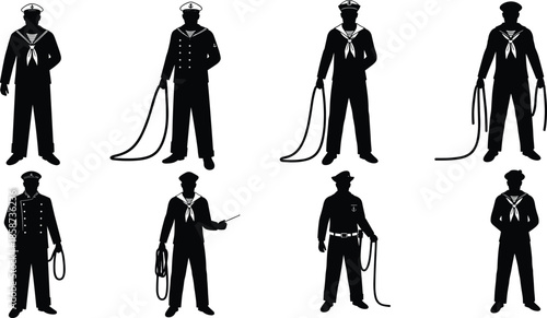 Sailor, silhouette, uniform, rope, whip, baton, cap, anchor, jacket, naval, pose, black, gesture, maritime, crew, rank, style, illustration, tradition, duty