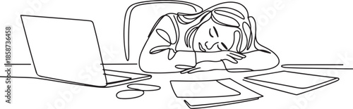 Single continuous line drawing of young tired female employee sleeping on the work desk with laptop and pile of papers. Work fatigue at the office concept. one line Icon drawing