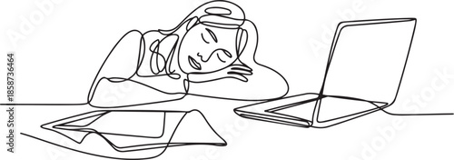 Single continuous line drawing of young tired female employee sleeping on the work desk with laptop and pile of papers. Work fatigue at the office concept. one line Icon drawing