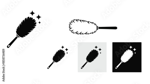 A set of five different duster brush icons in black, white, and gray on a clean white background with sparkles, showcasing various cleaning tools in a flat lay composition.