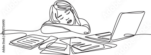 Single continuous line drawing of young tired female employee sleeping on the work desk with laptop and pile of papers. Work fatigue at the office concept. one line Icon drawing