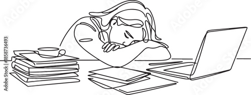 Single continuous line drawing of young tired female employee sleeping on the work desk with laptop and pile of papers. Work fatigue at the office concept. one line Icon drawing
