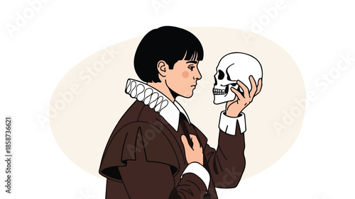Illustration of a man in a brown Renaissance-style outfit holding a human skull in profile view with a neutral beige background.