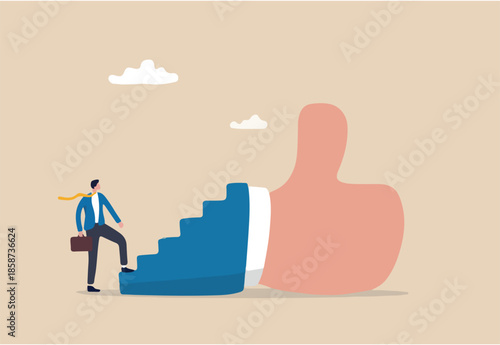 Success steps to reach work achievement, stair or ladder of success, self improvement or career development, step to succeed and reach goal concept, businessman begin to walk up stair to thumb up.