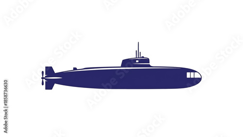 A side profile vector illustration of a dark blue submarine with a periscope and propeller on white