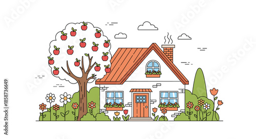 Cozy cottage in a sunny garden scene with an apple tree blooming flowers window boxes on white walls and a warm orange roof creating a welcoming homey vibe.
