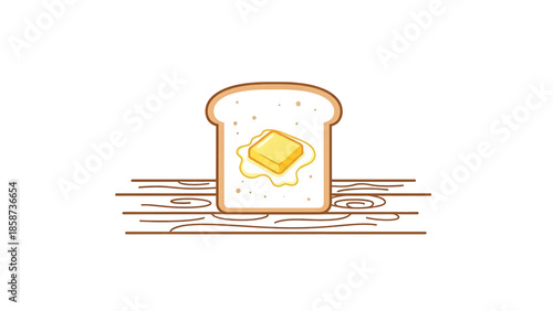 A simple cartoon illustration of a slice of white toast with melting yellow butter on a rustic wooden board