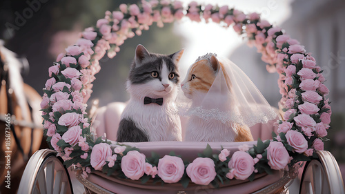 a male cat and a female cat celebrating their magical wedding, riding together in an ornate fantasy horse