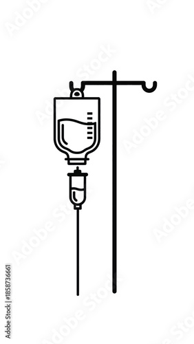 A simple outline illustration of an intravenous (IV) drip bag suspended from a medical stand with a tube