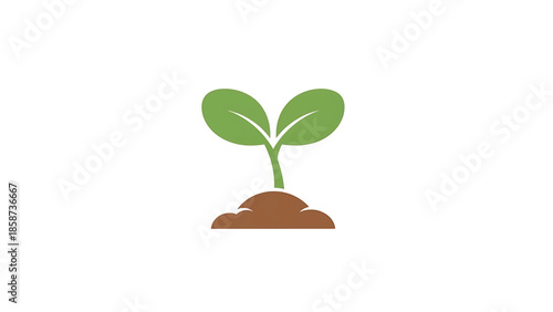 A small, green plant sprout with two leaves growing from a brown mound of soil on a white background