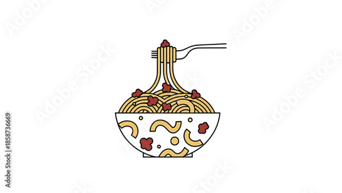 A simple graphic illustration of a bowl of spaghetti with meatballs, lifted by a fork, on a white background