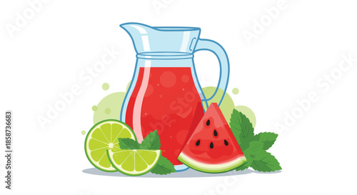 Colorful pitcher of red juice sits beside lime slices watermelon wedges and fresh mint leaves forming a vibrant refreshing drink scene for hot summer days.