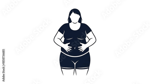 A stylized black and white illustration of an overweight woman holding her stomach, depicting obesity