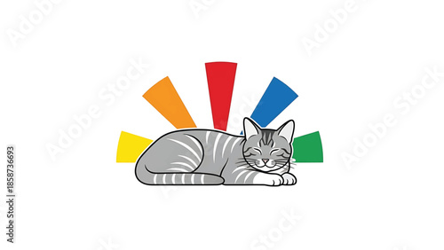 A stylized sleeping tabby cat illustration with closed eyes, lying peacefully in front of a colorful, radiating fan shape