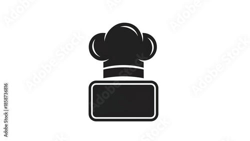 A black chef's hat icon with a blank rectangular name tag below it, set on a white background