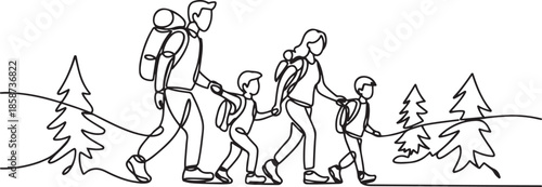 Single continuous line drawing happy family is hiking in the forest. Father, mother and children hiking and camping with backpack at nature. one line Icon drawing