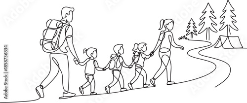Single continuous line drawing happy family is hiking in the forest. Father, mother and children hiking and camping with backpack at nature. one line Icon drawing