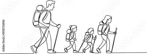 Single continuous line drawing happy family is hiking in the forest. Father, mother and children hiking and camping with backpack at nature. one line Icon drawing