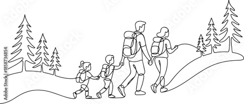 Single continuous line drawing happy family is hiking in the forest. Father, mother and children hiking and camping with backpack at nature. one line Icon drawing