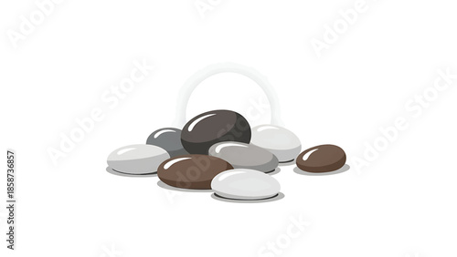 A cluster of smooth, glossy brown, grey, and white pebbles with soft shadows on a white background