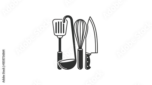 A collection of essential kitchen utensils a spatula, ladle, whisk, and chef's knife in black and white icon style
