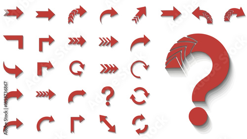 Navigating Choices: An Array of Red Arrows and a Question Mark on White Background